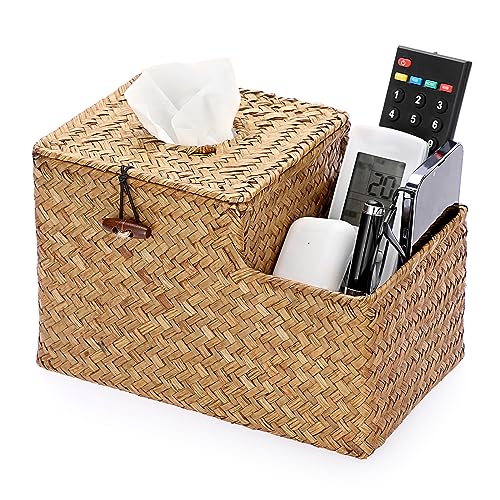 Sumnacon Square Woven Tissue Box Cover - Decorative Cube Tissue Box with Side Organizer, Rustic Seagrass Tissue Holder for Living Room Vanity Night Stand Table Countertop Office,Caramel - color: Caramel
