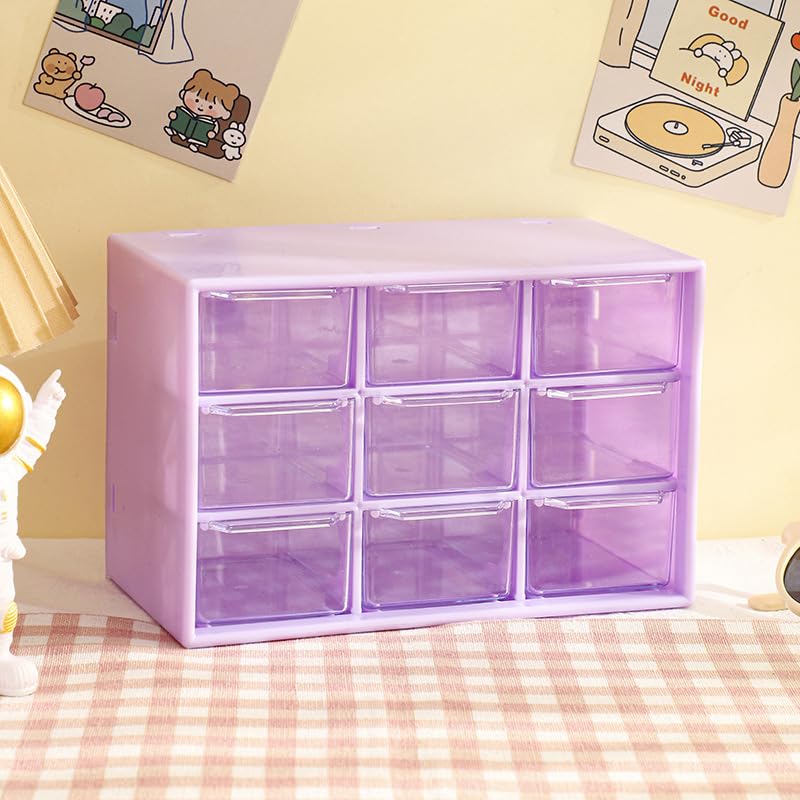Desk Organizers Box with 9 Compartments – Plastic Desktop Drawer Storage Box, Storing Organizer for Hardware, Beads, Makeup, Office, and Craft Storagew(Purple)