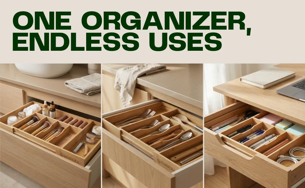 Premium Bamboo Utensil Drawer Organizer Expandable – Modular Silverware Organizer Adjustable Design w/Deep Compartments, Kitchen, & Office Drawer Dividers for Utensils, Cutlery, Makeup, Desk
