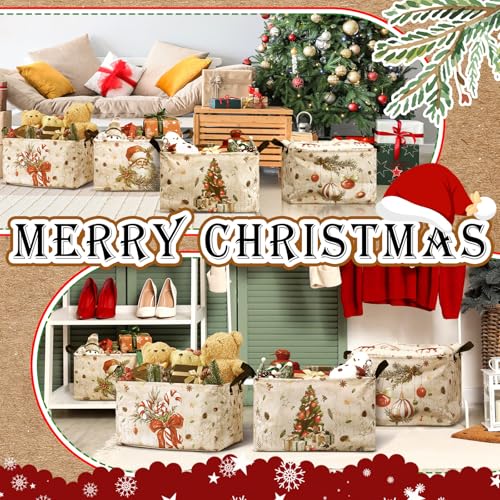 4 Pack Christmas Storage Bin Collapsible Large Christmas Storage Baskets for Gifts Xmas Tree Canvas Laundry Basket Foldable Box with Handle for Office Home Bedroom Clothes Toys Holiday Decor - style: Snowman
