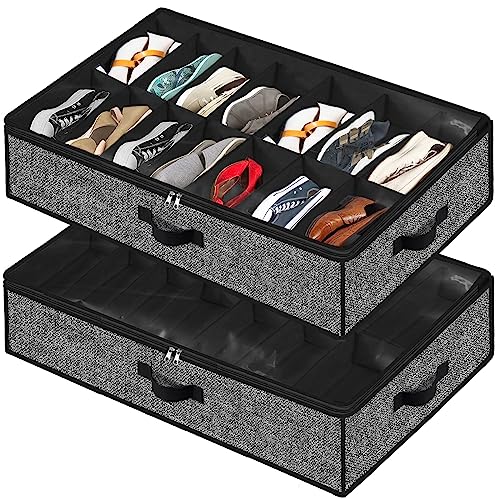 Under Bed Shoe Storage Organizer for Closet 2 Pack- Fits 32 Pairs Underbed Shoes Container Boxes Black - color: Black-32pairs, style: Regular Handle