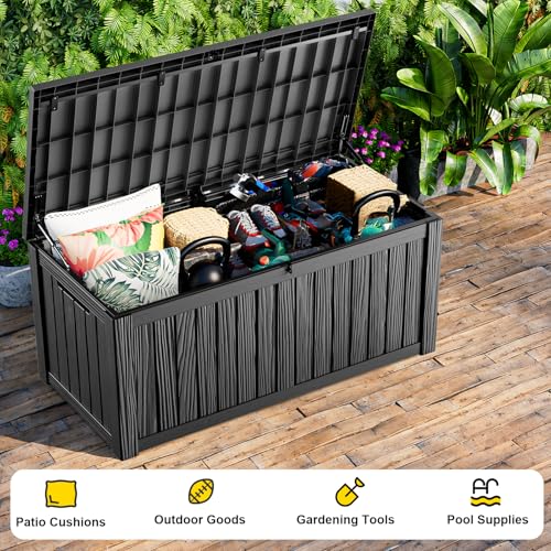 150 Gallon Waterproof Outdoor Storage Box, UV Resistant Resin Deck Box with Hydraulic Rod for Reinforced Stability, Perfect for Patio, Garden, and Pool, Striped Black - color: Black, size: 150 Gallon