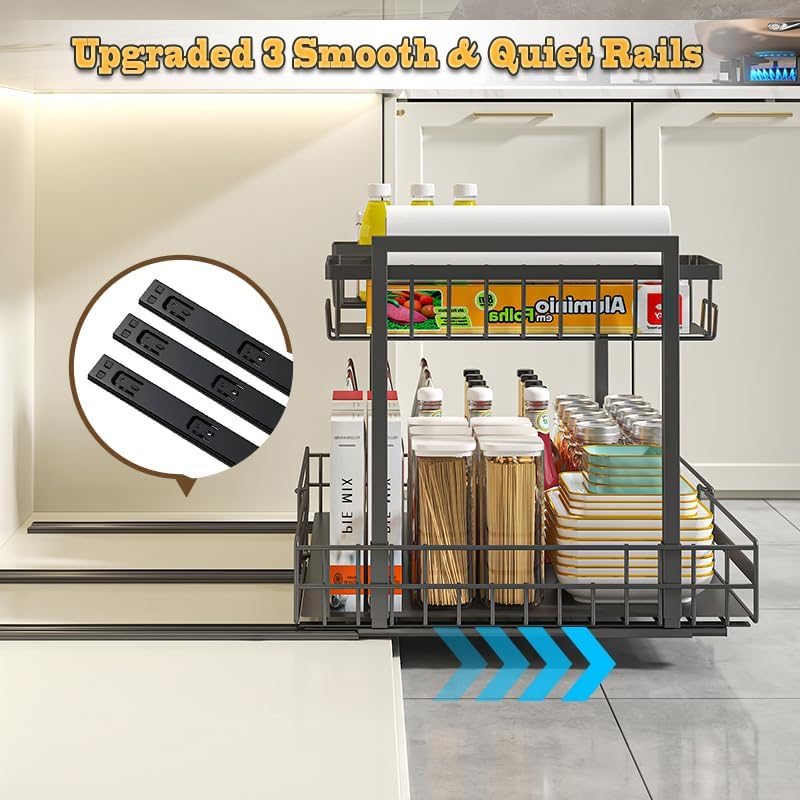 Expandable Under Sink Organizer with 3-Level Height Adjustment,2 Tier Under Sink Organizer Pull-Out Under Sink Drawers Cabinet Organizer for Kitchen & Bathroom Storage,Black - size: small