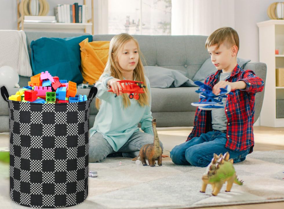 ESSME Boys Laundry Hamper,Kids Hamper Collapsible Canvas Waterproof Storage Bin for Boy, Nursery Hamper,Gift Baskets,toy bins(Black grid) - color: Black grid
