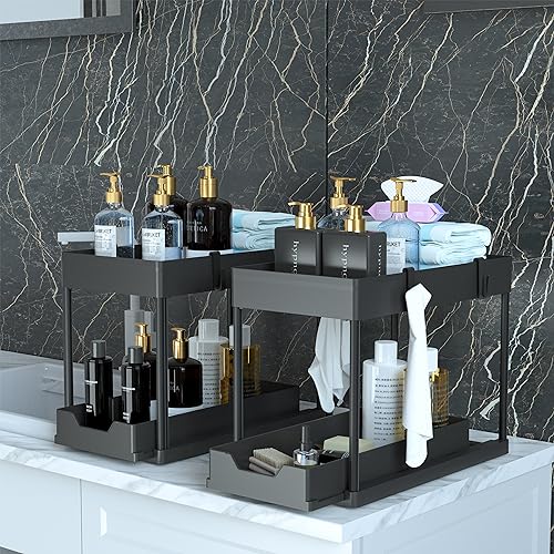 MEAFBIRD 2 Pack Under Sink Organizer, 2 Tier Bathroom Cabinet Organizer with Sliding Basket, Multi-Purpose Under Sink Organizers and Storage for Bathroom Kitchen (Black 2 Pack) - color: Black 2 Pack