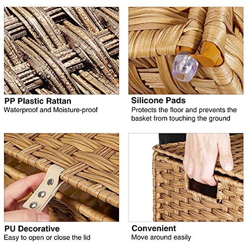 Greenstell Laundry Hamper with Lid, 125L Large Clothes Hamper with 3 Section & 2 Section Removable Liner Bags & 5 Mesh Laundry Bags, Handwoven Synthetic Rattan Divided Laundry Basket, Natural - color: Natural