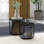 HOMCOM Nesting Coffee Tables, Round Coffee Table Set of 2 with Steel Wired Basket Body and Removable Top, Stacking End Tables Blanket Storage for Living Room, Black