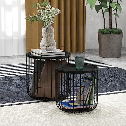 HOMCOM Nesting Coffee Tables, Round Coffee Table Set of 2 with Steel Wired Basket Body and Removable Top, Stacking End Tables Blanket Storage for Living Room, Black