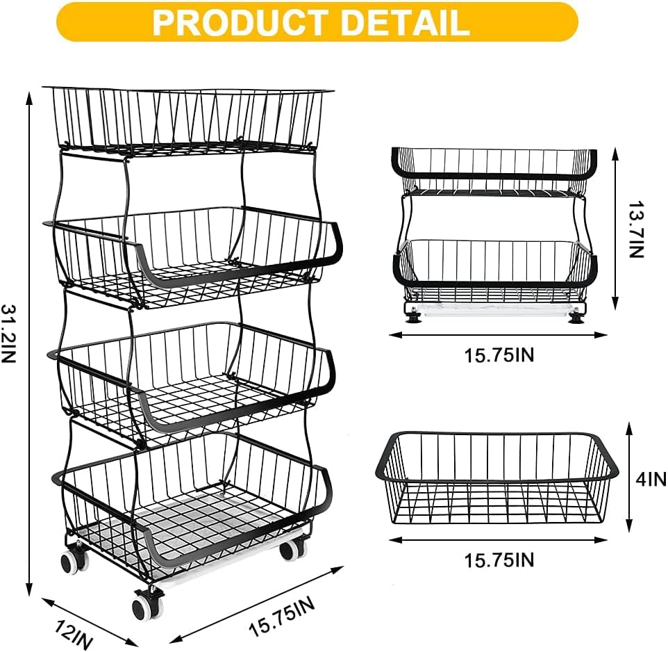 Miyawell Fruit Vegetable Storage Basket, 4 Tier Stackable Metal Wire Storage Baskets with Wheels, Fruit Vegetable Produce Basket Organizer Bins for Kitchen, Pantry, Bathroom - color: 4 Tier-black
