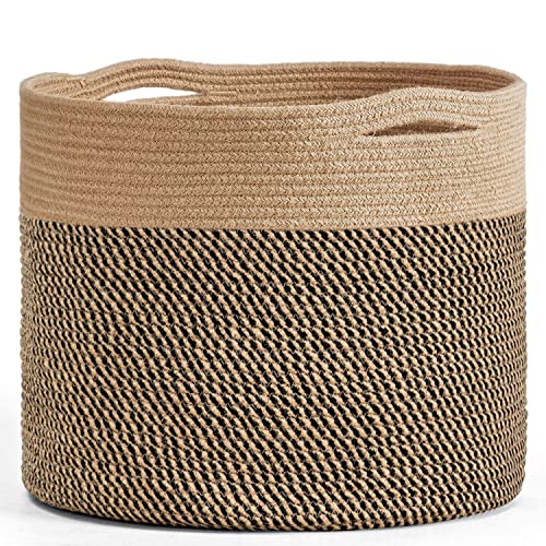 Goodpick Large Cotton Rope Basket 15.8"x15.8"x13.8" Wicker Basket for Blankets, Toy Storage for Living Room, Jute - color: Black & Jute, size: 15.8x15.8x13.8 Inch (Pack of 1)