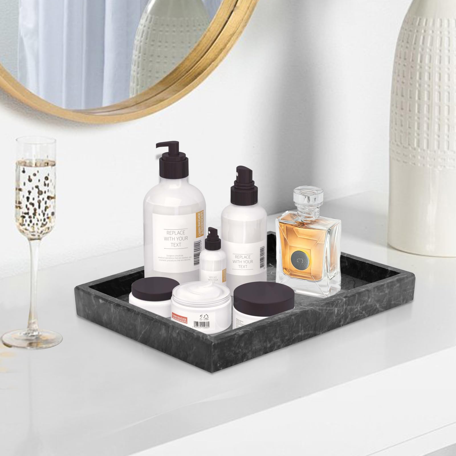 Marble Bathroom Tray,Pure Natural Vanity Tray,Marble Trays for Kitchen Counter Non-Ceramic/Non-Resin,Stone Tray 12 x 8 inch (Black) ﻿ - color: Black