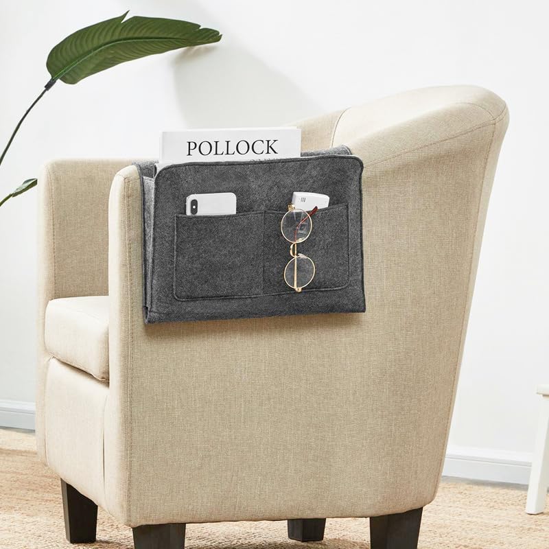 Bringsine 5 Pockets Bedside Caddy, Felt Bed Storage Organizer Hanging Bag Holder for Magazine Book Phone Tablet iPad Cables Remote and Glasses Holder Home Dorm Bed Sofa-Dark Gray - color: Dark Gray, size: 5 Pockets + Glasses Holder