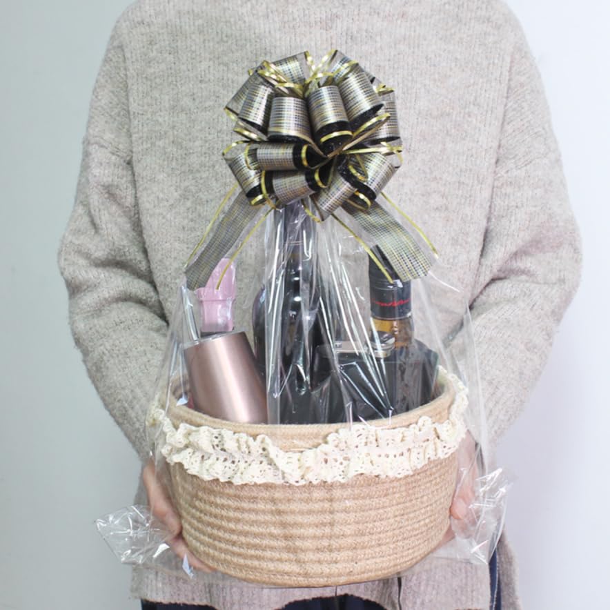 Yimi's Dream Basket for Gifts, Small Cute Round Baskets for Baby, Wedding, Birthday, Mini Decorative Jute Rope Baskets for Home Decor (Brown, 8"x 8"x 5") - color: brown with lace, size: Round - 8''x8"x5"