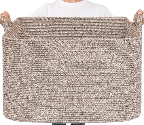 Goodpick 105L Large Woven Storage Basket, Rectangle Cotton Rope Basket for Blankets, Clothes, Oversized Toy Storage Organizer for Living Room, Nursery, 25"x16"x16", Brown - color: Brown, size: XX-Large(25"L x 16"W x 16"H)