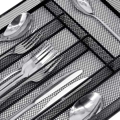 Neudeco Silverware Drawer Organizer - 5 Compartment Cutlery Tray with Non-Slip Feet, Mesh Wire Flatware Storage Divider for Kitchen, Bedroom, Living Room (Black) - color: Black