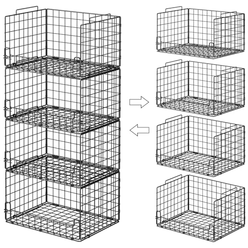 4-Tier Stackable Closet Organizers and Storage Basket - Foldable Closet Shelf Organizer System, Sturdy Metal Space-Saving Clothes Storage Bins for Wardrobe, Black