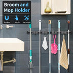 Huryfox Mop and Broom Holder Wall Mounted - Sturdy Stainless Steel Rack with Utility Hooks, 5 Racks, 4 Hooks Adjustable Design and Multiple Storage Organiser Options, Perfect for Kitchen - size: 5 Racks and 4 Hooks