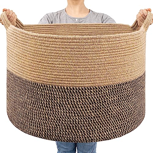 Goodpick Extra Large Wicker Storage Basket, 83L Woven Blanket Storage for Living Room, Round Baby Basket for Clothes, Big Laundry Hamper for Pillow, 21.7 x 13.8 inches - color: Black & Jute, size: 21.7x21.7x13.8 Inch (Pack of 1)