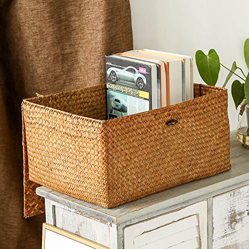 DOKOT Rectangular Handwoven Seagrass Storage Basket with Lid for Shelves and Home Organizer Bin, (M (12"x7"x6"H), Natural) - size: M (12"x7"x6"H)