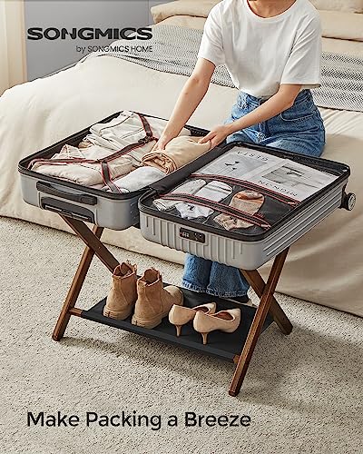 SONGMICS Luggage Rack, Folding Suitcase Stand with Storage Shelf, for Guest Room, Hotel, Bedroom, Heavy-Duty, Holds up to 131 lb, Walnut Brown URLR007D01 - color: Walnut Brown, size: 1 Pack