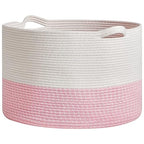 R RUNKA Extra Large Cotton Rope Basket 22" x 14"| Toy Basket - color: White & Pink