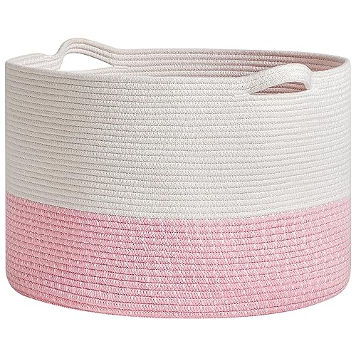 R RUNKA Extra Large Cotton Rope Basket 22" x 14"| Toy Basket - color: White & Pink