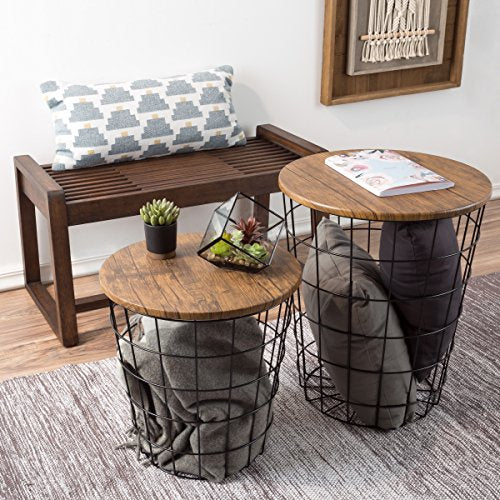 Lavish Home End Tables Set of 2 - Nesting Tables with Removable Wood Tops and Metal Basket Bases for Blanket Storage - Round Side Pieces for Living Room, Bedroom, or Home Office (Brown/Black) - color: Round Brown