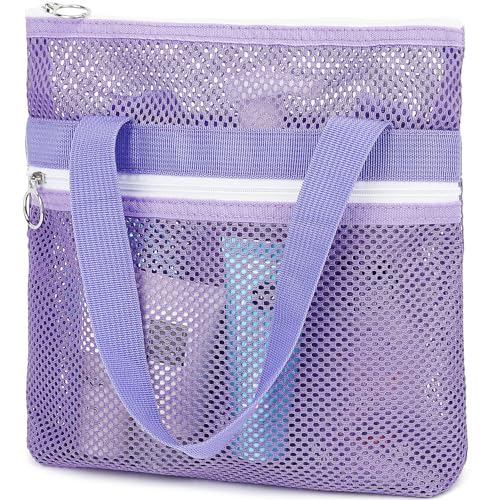 Fammart Mesh Shower Caddy Portable with Zipper & 2 Pockets - Quick Dry Shower Caddy Hanging for Travel Gym Camp Beach - Organizer Bag Bathroom Essentials for College Dorm - color: Small, Zipper Closure - Purple