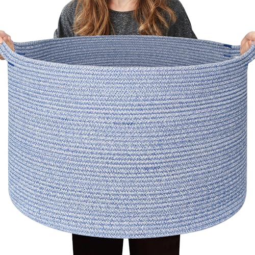 Extra Large Blue Baskets for Organizing, Blanket Storage for Living Room, Woven Laundry Storage Basket, Cotton Rope Bin for Toy, Cloth, Towel, Shoe, Pillow, Decorative Wicker Blue Room Decor - color: Blue