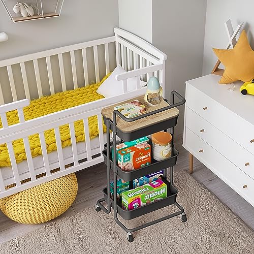 DTK 3 Tier Rolling Cart Uility Cart with Cover Board, Mobile Storage Cart with Wheels, Cups, Hooks for Office Utility Kitchen Bathroom Homeschool Art Craft Postpartum Teacher Cart Organizer(Black) - color: Black, size: Medium