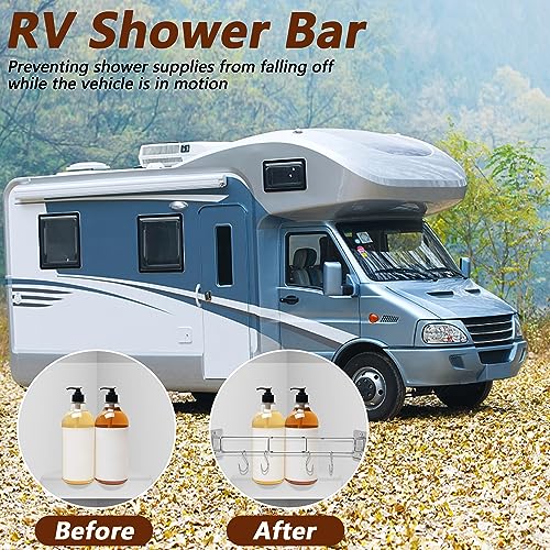 Tlswshsy 2 pack RV Shower Corner Storage Bar - RV Bathroom Organization with S-Hooks - Adjustable Stainless Steel Rod for Corner Shelves in Camper,RV,Travel Trailer (2)