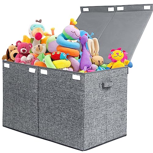122L Large Toy Chest Box with Lid, Foldable Toy Storage Organizer Bin Boxes with Removable Divider for Kids, Boys, Girls, Nursery, Playroom, 26"x17" x17"(Linen Gray) - color: Extra Large Grey