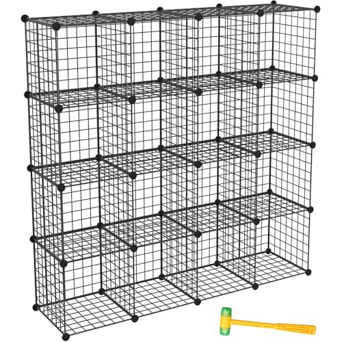 TUMUCUTE Wire Storage Cubes, Metal Storage Shelves Bookshelf, Stackable Modular Closet Organizer for Bedroom Living Room, Office, Black (16 Cubes, Iron) - color: Iron, size: 16 Cubes