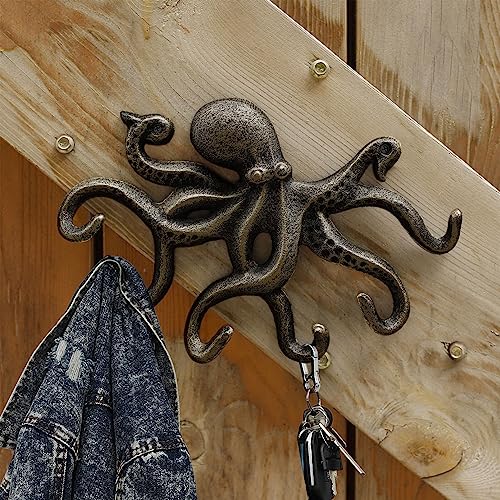 Key Holder for Wall, Octopus Wall Hooks Decorative for Hanging, Cast Iron Coat Hooks/Towel Hooks with 6 arms - Bronze - color: Bronze