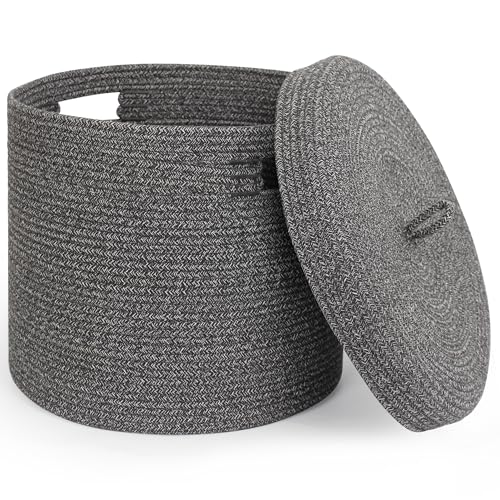 Storage Basket with Lid, Woven Blanket Storage for Living Room, Cute Cotton Rope Bin with Lid, Round Wicker Laundry Basket with Cover, Decorative Kid Dog Toy Box, Nursery Organizer, 15"x13" - color: Black