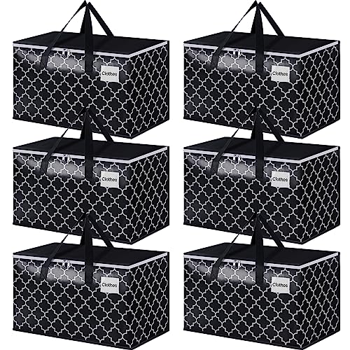 HomeHacks Heavy Duty Moving Bags with Tag Pockets, Collapsible Storage Totes for Moving, Camping & Travel -Foldable Packing Boxes, Zipper Handles, Black（6 Packs, 100L） - size: 100L