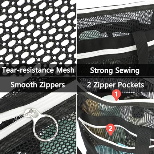 Fammart Mesh Shower Caddy Portable with Zipper & 2 Pockets - Quick Dry Shower Bag Toiletry Tote Hanging for Travel Gym Camp Beach - Organizer Bag Bathroom Essentials for College Dorm - color: Small, Zipper Closure - Black