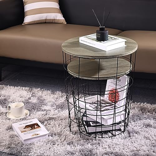 Elevon Nesting Table End Table Wire Basket Base with Wood Tops Side Table Set of 2, Gray - color: Grey
