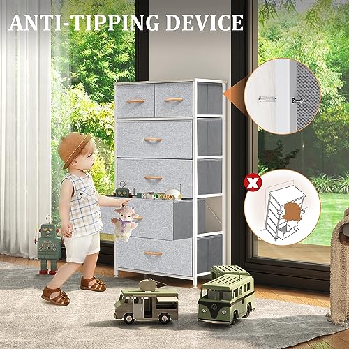 Fabric Dresser for Bedroom, Tall Skinny Dresser with 6 Drawers, Storage Organizer Tower, Steel Frame Wooden Top for Closet, Living Room, Hallway(Light Gray) - color: Light Grey