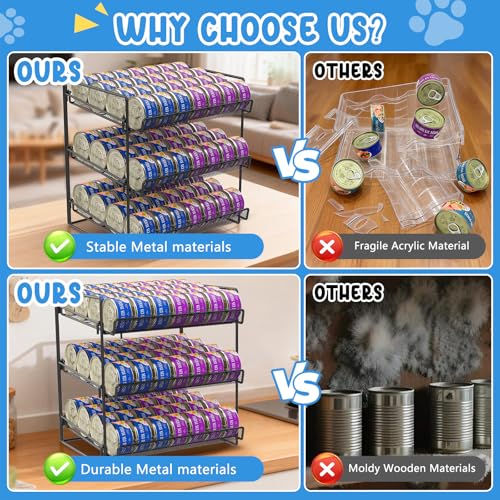 Cat Food Can Organizer, Can Organizer for Pantry, 3-Tier Metal Cat Food Storage Container Holds 84 (3.5oz) Cans，Adjustable Canned Food Organizer and Storage for Counter Kitchen Cabinet (Black, 3 Tier) - size: 3 Tier