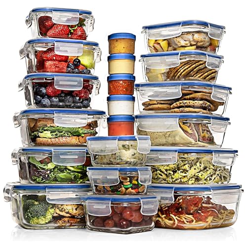 Razab 35 Pc Set Glass Food Storage Containers with Lids - Meal Prep Airtight Bento Boxes BPA-Free 100% Leak Proof (15 lids,15 glass & 5 Plastic Sauce/Dip Containers) - color: Dark Blue