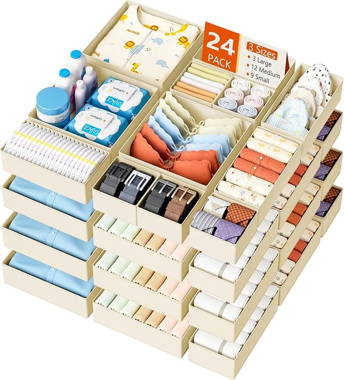 DIMJ Drawer Organizer Clothes Storage - 24 Pack Baby Dresser Organizer for Nursery, Small Fabric Closet Drawer Organizer Bins for Underwears Socks, Foldable Storage Dividers Organization for Bedroom - color: Beige, size: 24 Pack