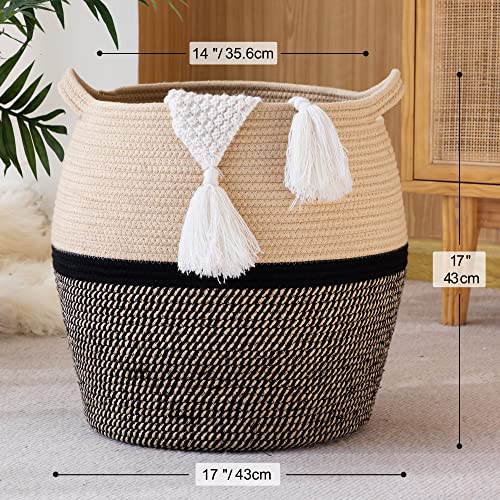 KAKAMAY Woven Baskets for Storage(17"x17"),Large Cotton Rope Woven Baby Laundry Hamper,Collapsible Laundry Basket, Blanket Basket for Organizing Living Room,Nursery,Clothes,Toy chest (Black) - color: Black