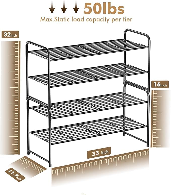 SUFAUY 2-Tier 33" Wide Shoe Rack, Closet Metal Shoe Rack Organizer Heavy Duty, Stackable, Black - color: Black, size: 2 Tier