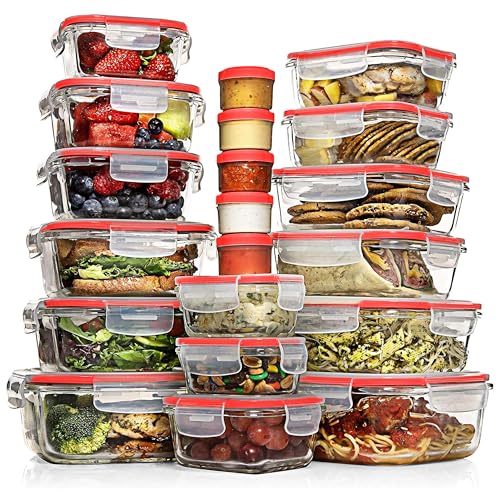 Razab 35 Pc Set Glass Food Storage Containers with Lids - Meal Prep Airtight Bento Boxes BPA-Free 100% Leak Proof (15 lids,15 glass & 5 Plastic Sauce/Dip Containers) - color: Cherry Red