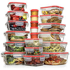 Razab 35 Pc Set Glass Food Storage Containers with Lids - Meal Prep Airtight Bento Boxes BPA-Free 100% Leak Proof (15 lids,15 glass & 5 Plastic Sauce/Dip Containers) - color: Cherry Red