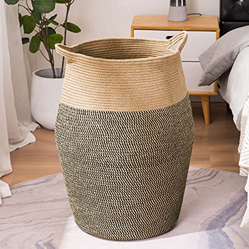 Cotton Rope Laundry Hamper by YOUDENOVA, 105L - Woven Collapsible Laundry Basket - Clothes Storage Basket for Blankets, Laundry Room Organizing, Bedroom Storage, Clothes Hamper – Dark Brown - color: Jute Brown