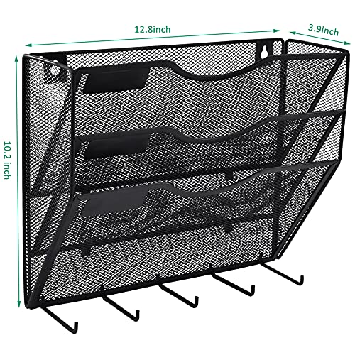 EASEPRES 3 Pocket Mesh Hanging File Organizer with Key Holder Hooks & Nametag Label, Wall Mounted Mail Paper Document Folder Clipboard Storage Organization Magazine Rack for Office Cubicle, Black - color: Black, size: 3 Tier & Key Holder