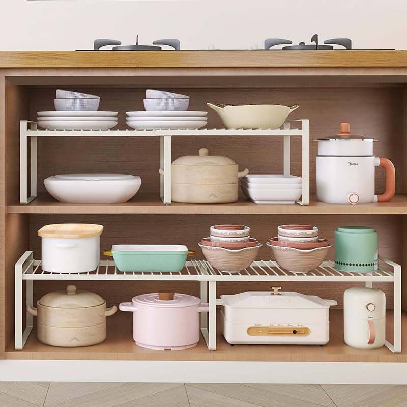 13"-24" L Expandable Cabinet Shelf Rack Set of 2, Stackable Kitchen Countertop Cupboard Organizers and Pantry Storage Shelves - color: White