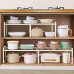 13"-24" L Expandable Cabinet Shelf Rack Set of 2, Stackable Kitchen Countertop Cupboard Organizers and Pantry Storage Shelves - color: White